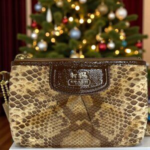 Coach Brown Snakeskin Print Pattern Nylon Cloth Small Wristlet Wallet